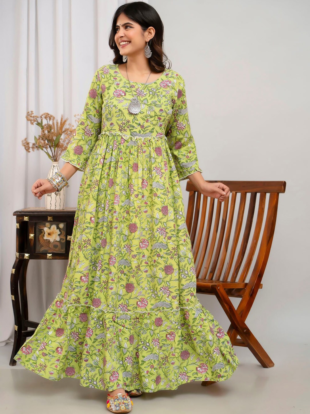 

Henal Floral Printed Maternity Anarkali Kurta, Green