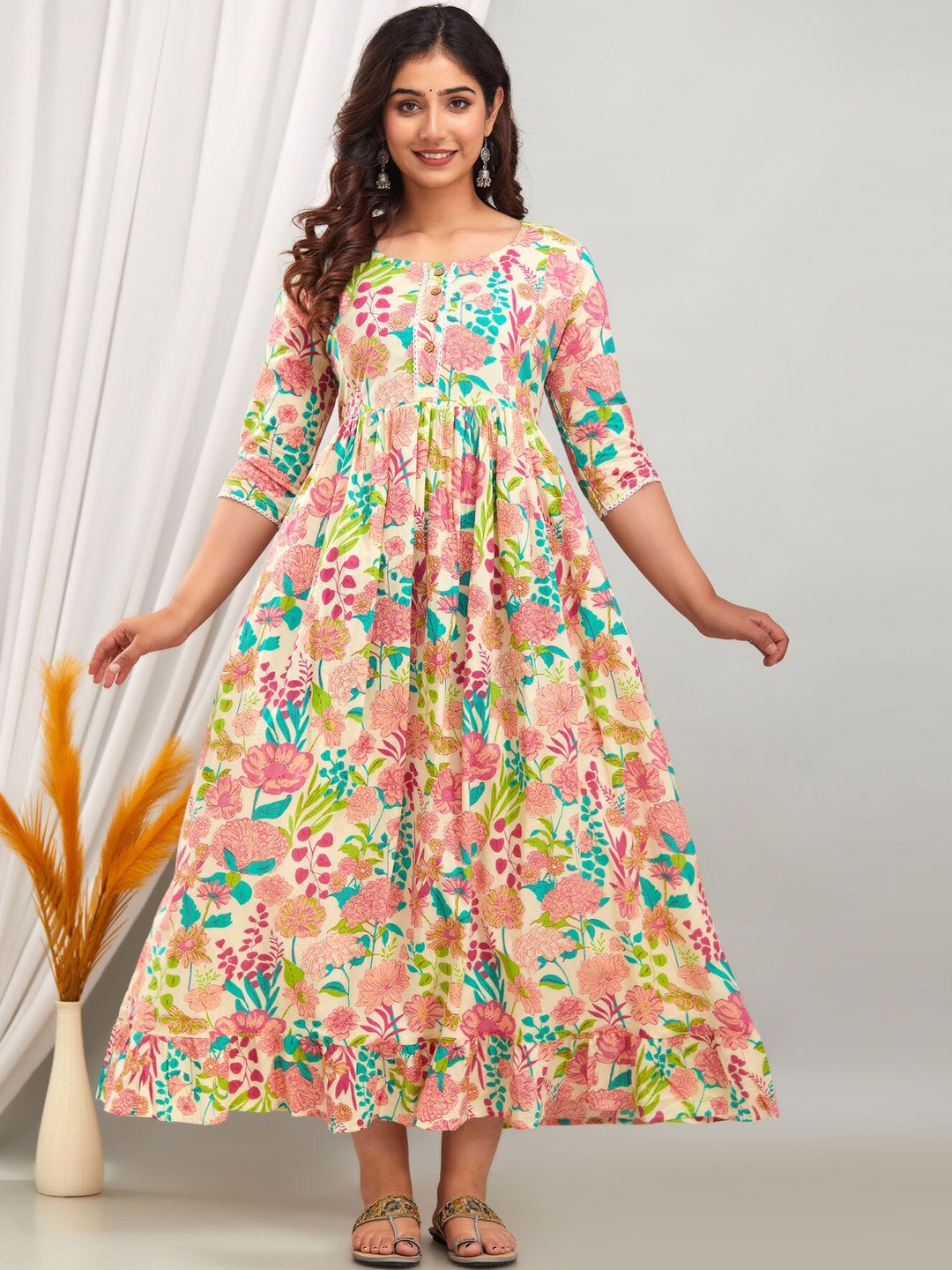 

Henal Floral Printed Maternity Anarkali Kurta, Beige