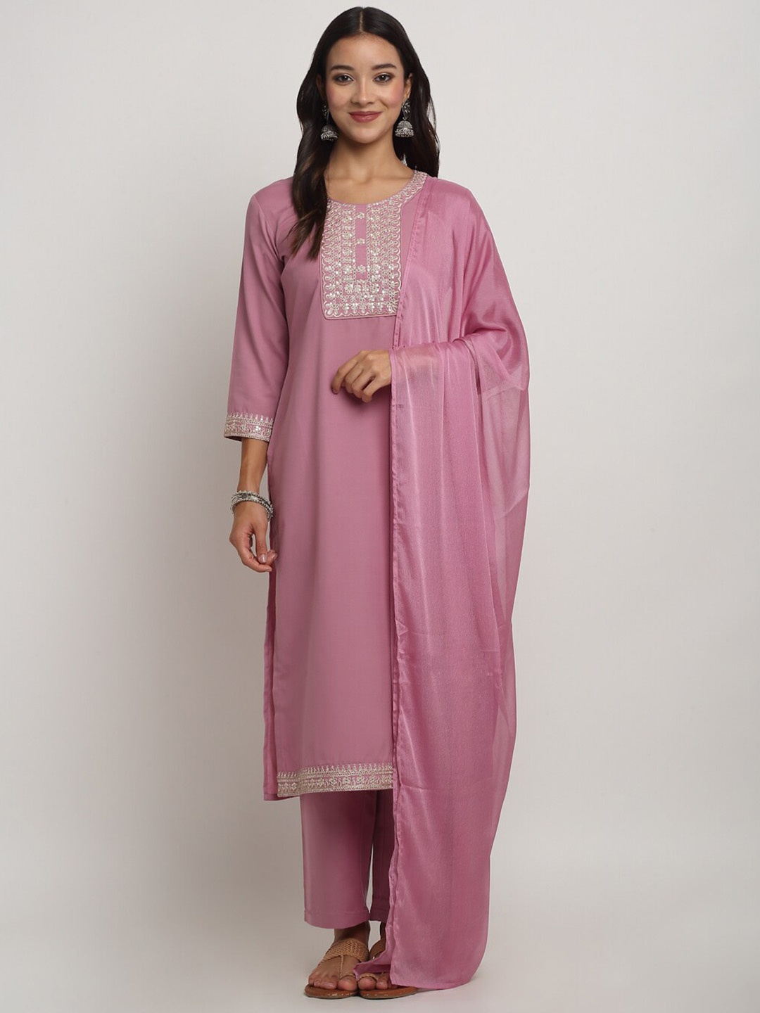 

RAISIN Yoke Design Embroidered Thread Work Kurta With Trousers & Dupatta, Pink