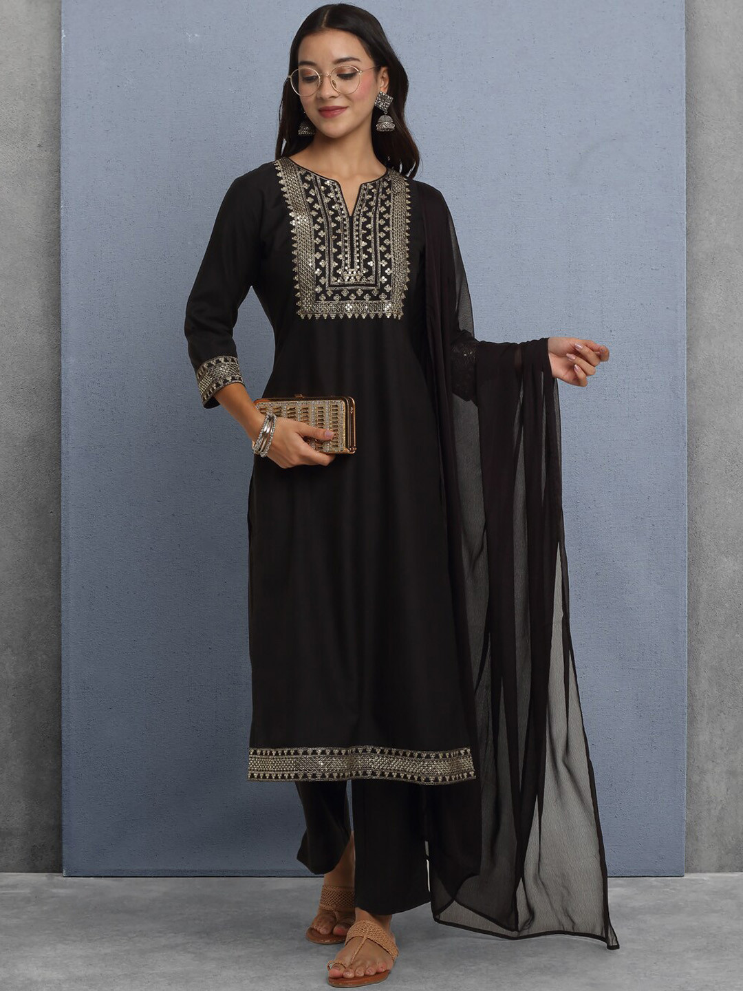 

RAISIN Yoke Design Embroidered Thread Work Straight Kurta With Trousers & Dupatta, Black
