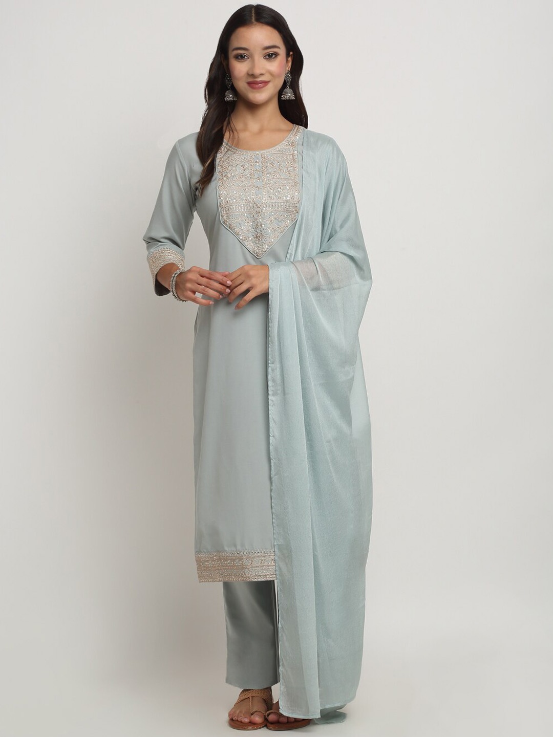 

RAISIN Yoke Design Embroidered Thread Work Straight Kurta With Trousers & Dupatta, Grey