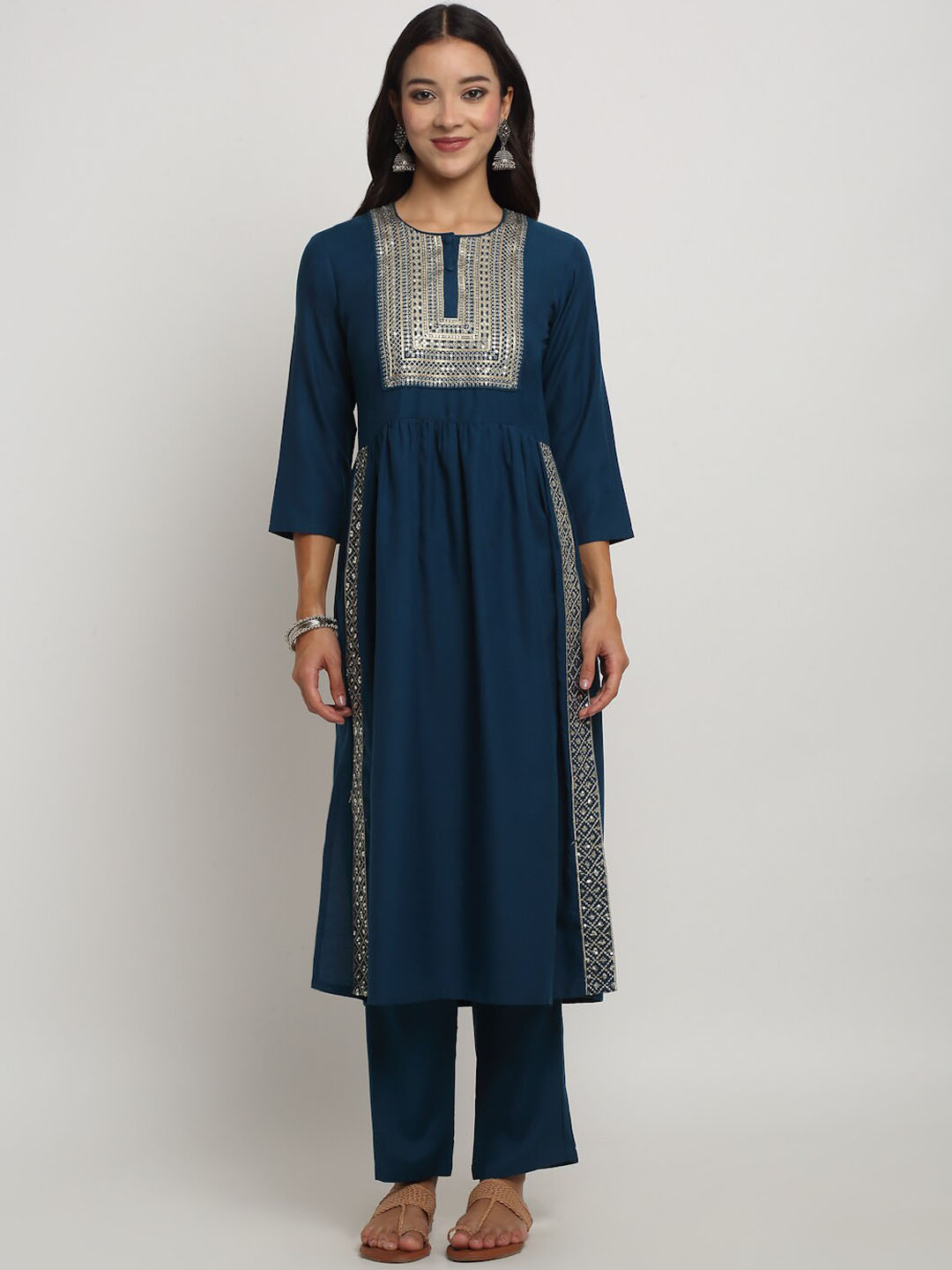 

RAISIN Yoke Design Embroidered Thread Work Kurta With Trousers & Dupatta, Navy blue