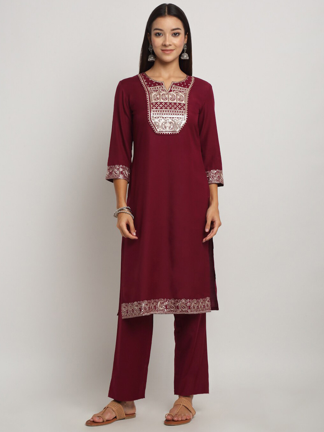 

RAISIN Yoke Design Embroidered Thread Work Kurta With Trousers & Dupatta, Maroon