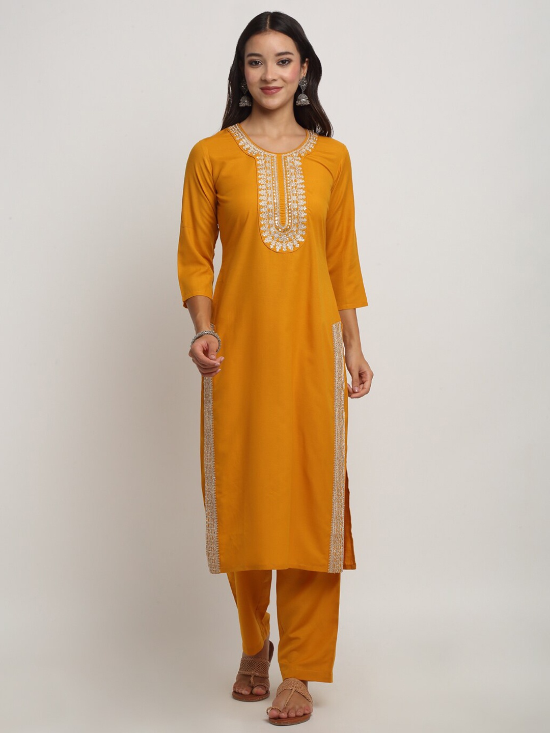 

RAISIN Yoke Design Embroidered Thread Work Kurta With Trousers & Dupatta, Yellow