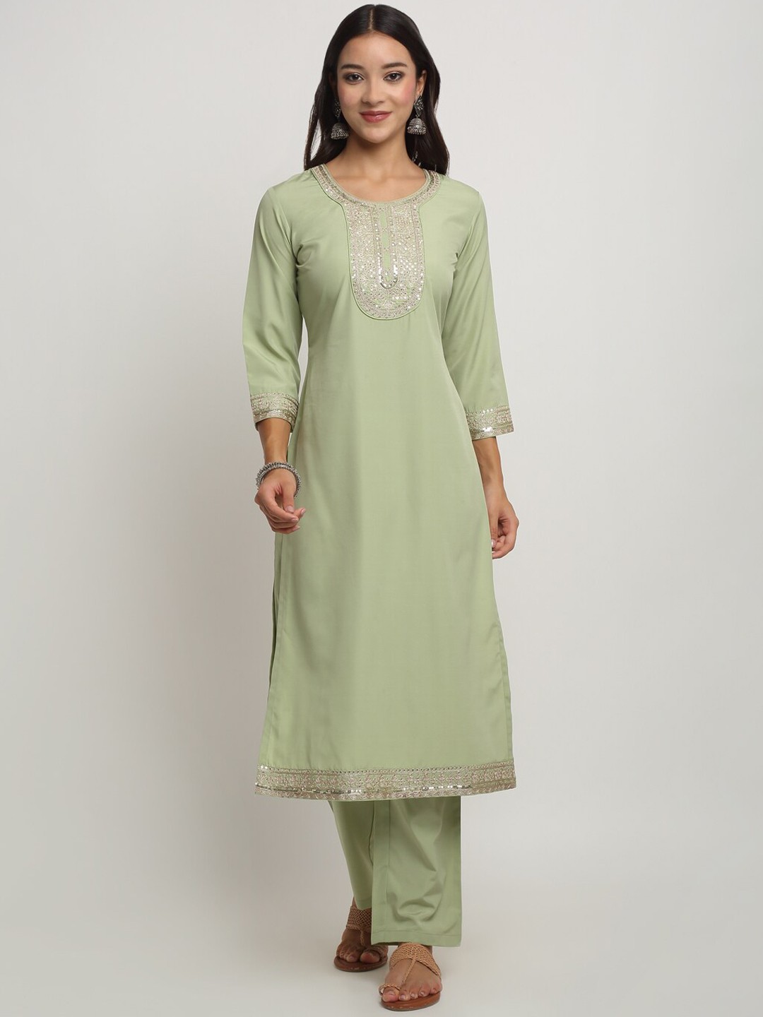 

RAISIN Yoke Design Embroidered Thread Work Kurta With Trousers & Dupatta, Green