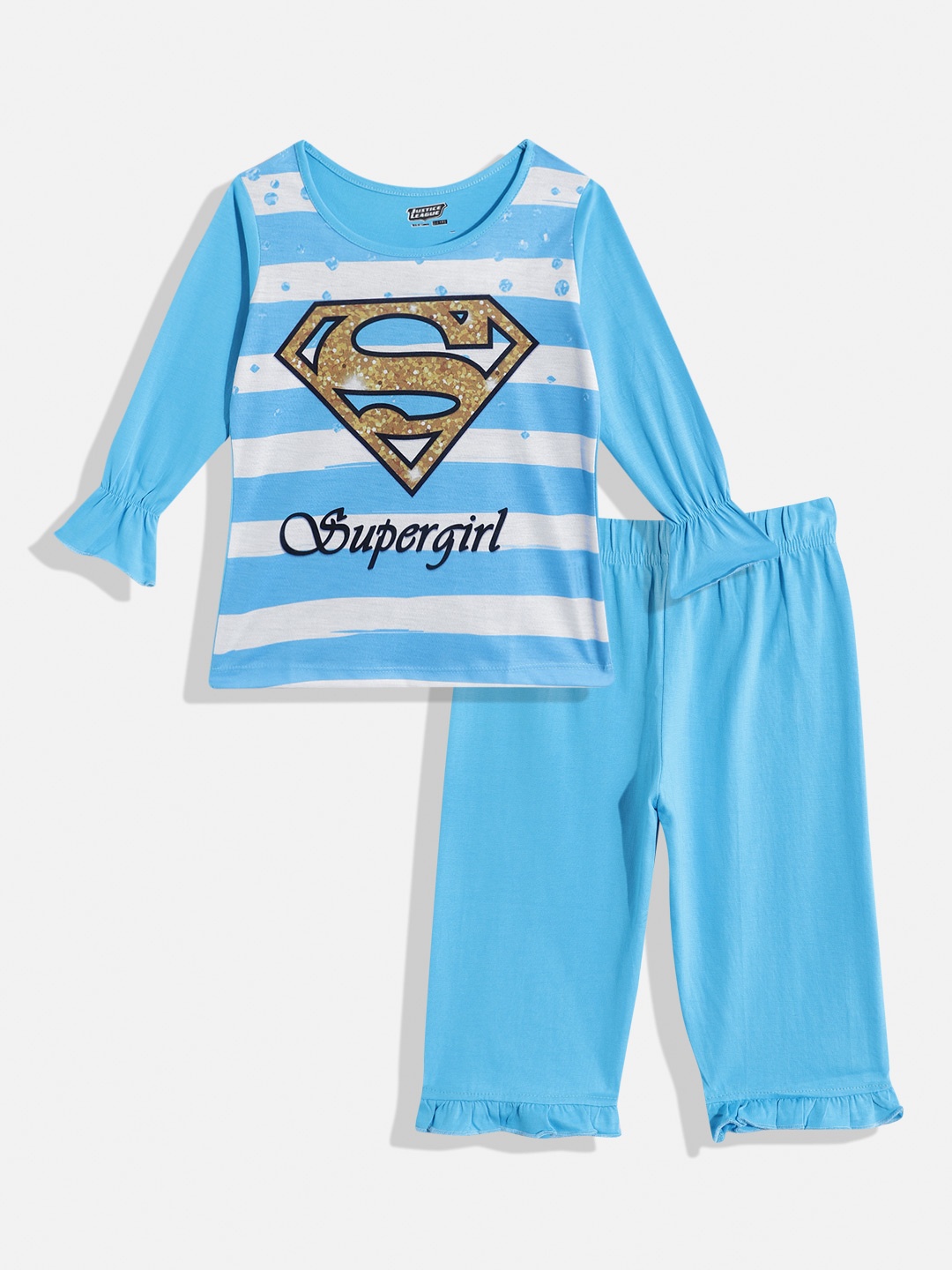 

Eteenz Girls Premium Cotton Superman Printed T-shirt with Trousers, Blue