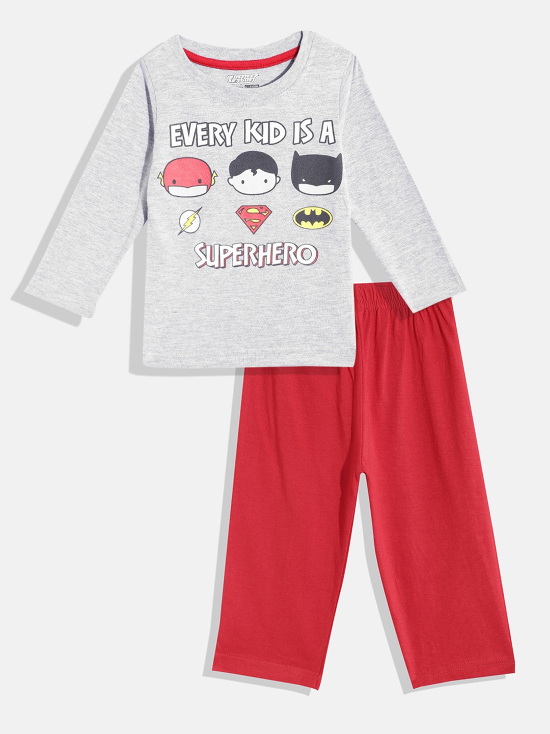Eteenz Boys Premium Cotton Justice League Printed T-shirt with Trousers, Grey melange