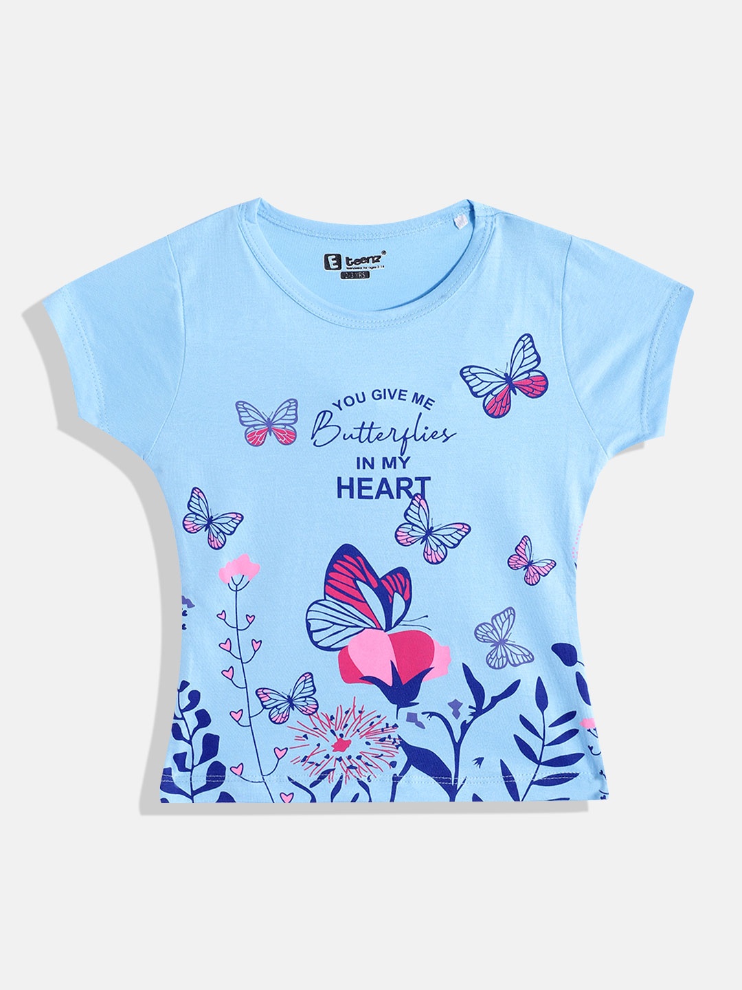 

Eteenz Girls Premium Cotton Butterfly Printed T-shirt, Blue