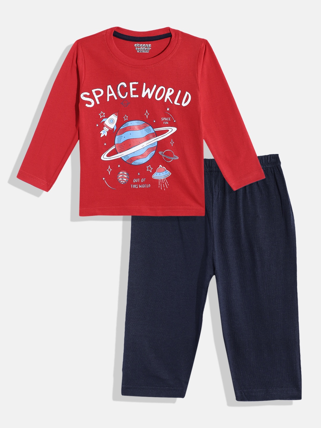 

Eteenz Boys Premium Cotton Printed T-shirt with Trousers, Red