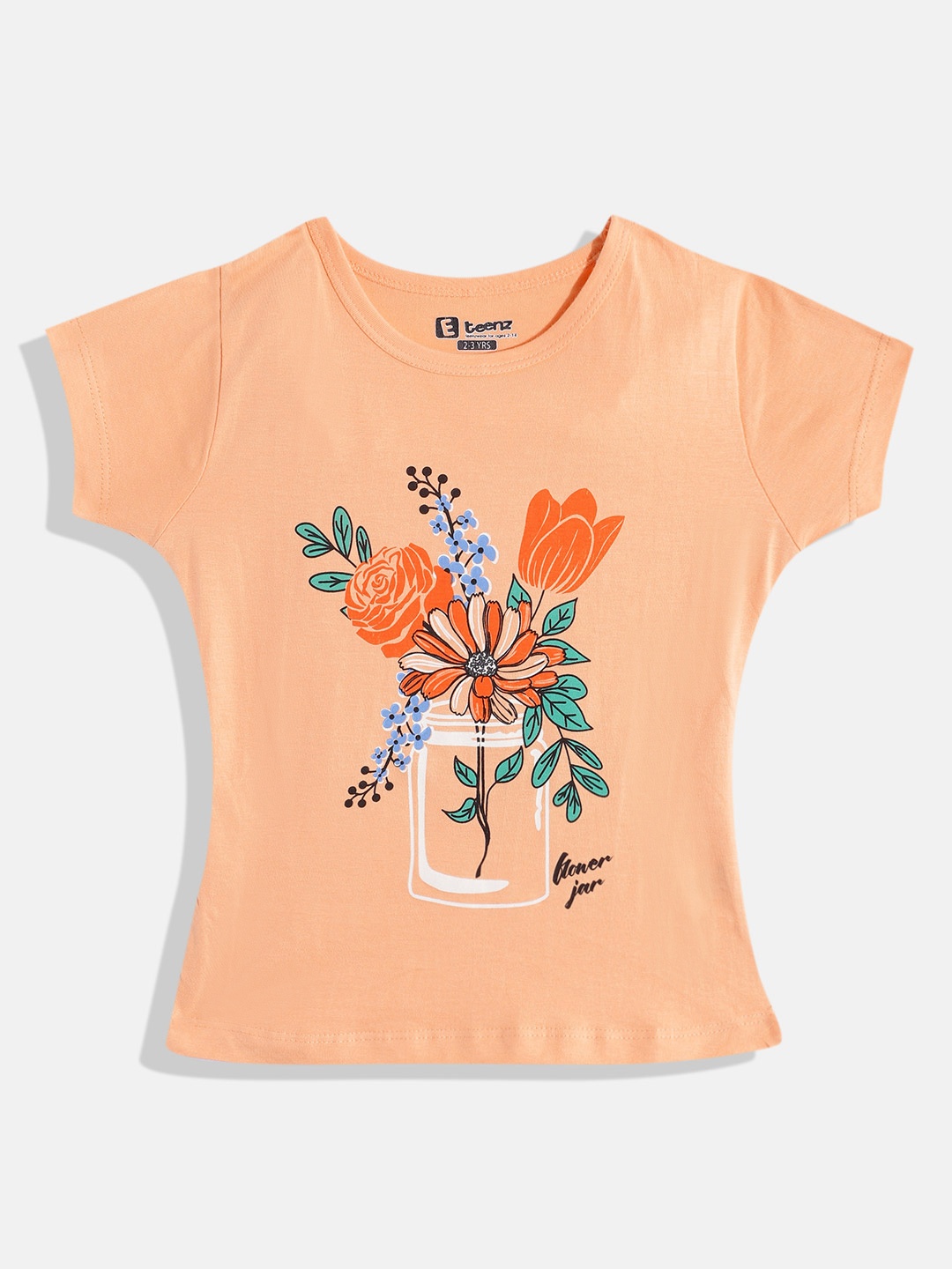 

Eteenz Girls Premium Cotton Floral Printed T-shirt, Orange