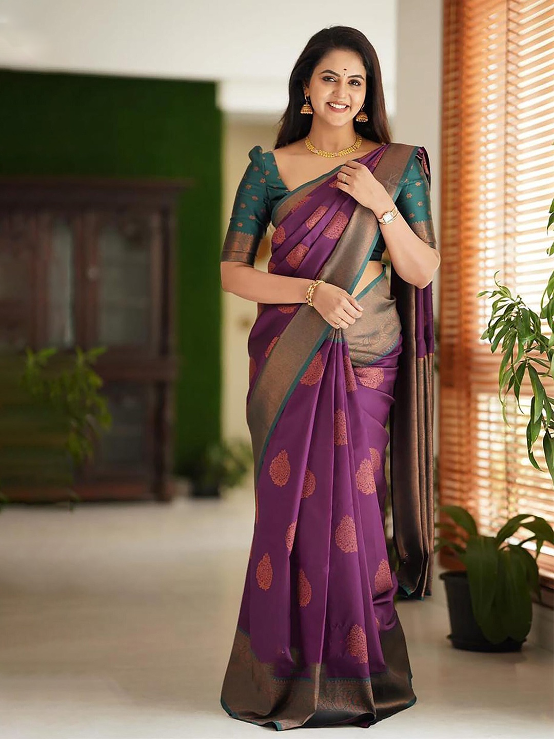 

Aldwych Woven Design Ethnic Motifs Designer Banarasi Saree, Purple