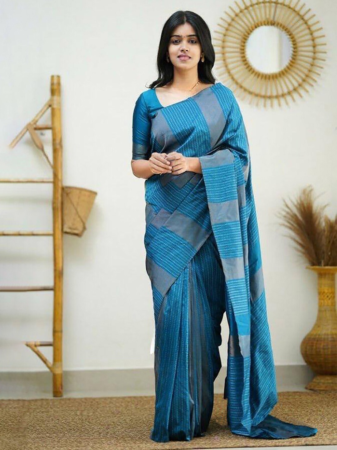 

Aldwych Striped Woven Design Designer Banarasi Saree, Teal