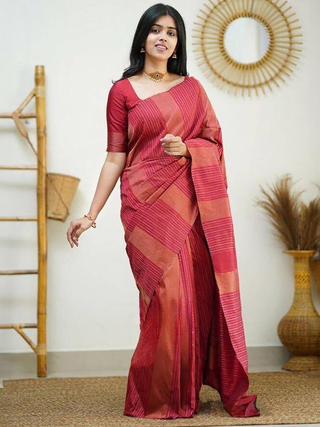 

Aldwych Striped Woven Design Designer Banarasi Saree, Red