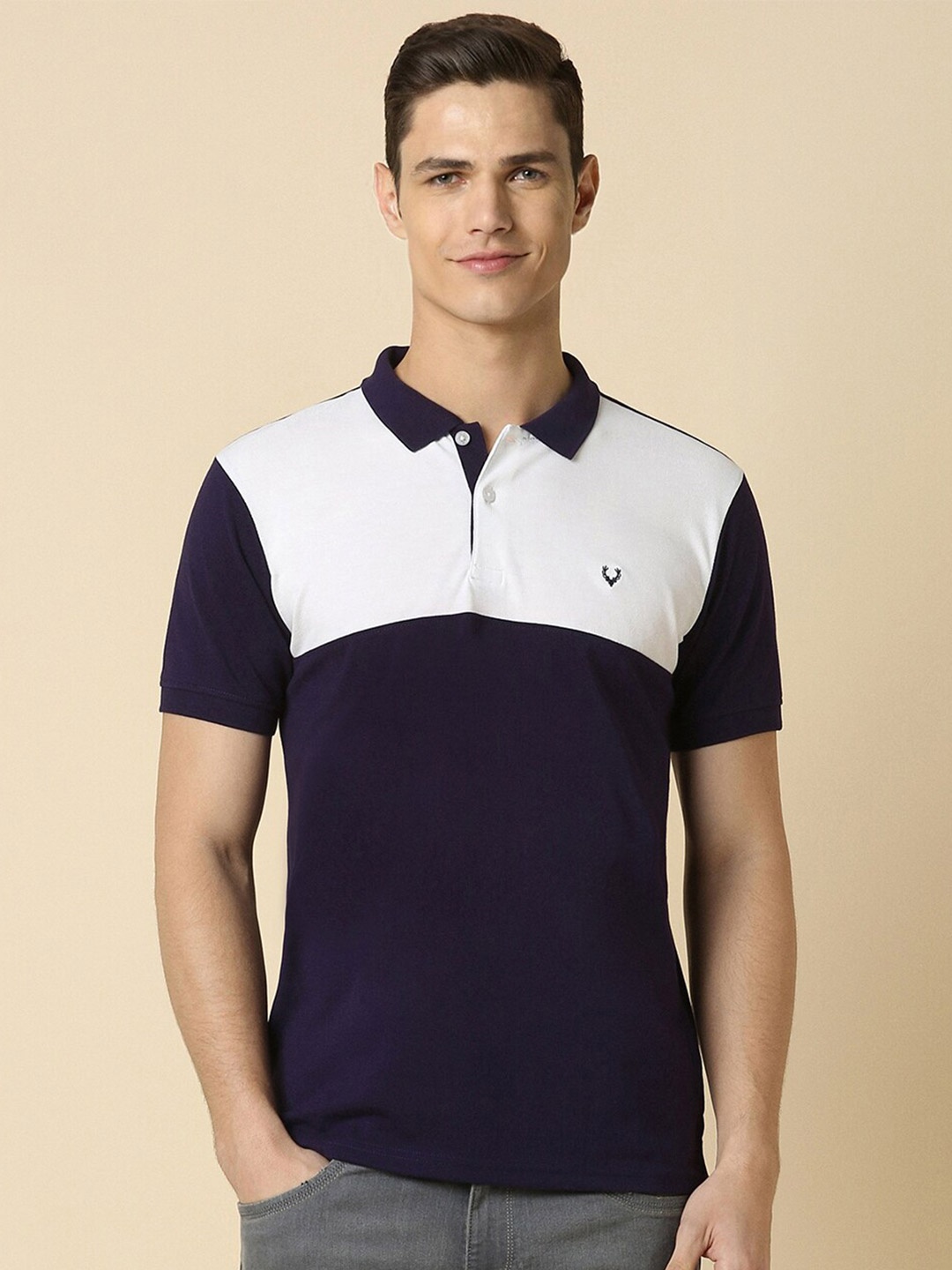 

Allen Solly Colourblocked Short Sleeves Polo Collar Pure Cotton T-shirt, Navy blue