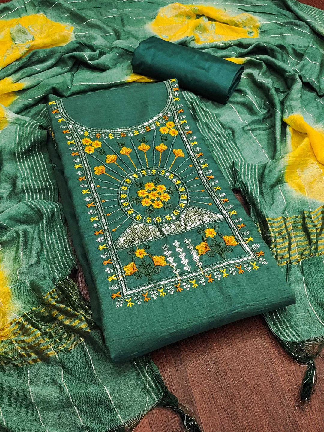 

KALINI Floral Embroidered Sequinned Unstitched Dress Material, Green