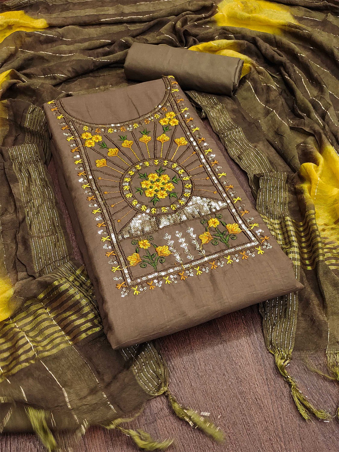 

KALINI Floral Embroidered Sequinned Unstitched Dress Material, Brown