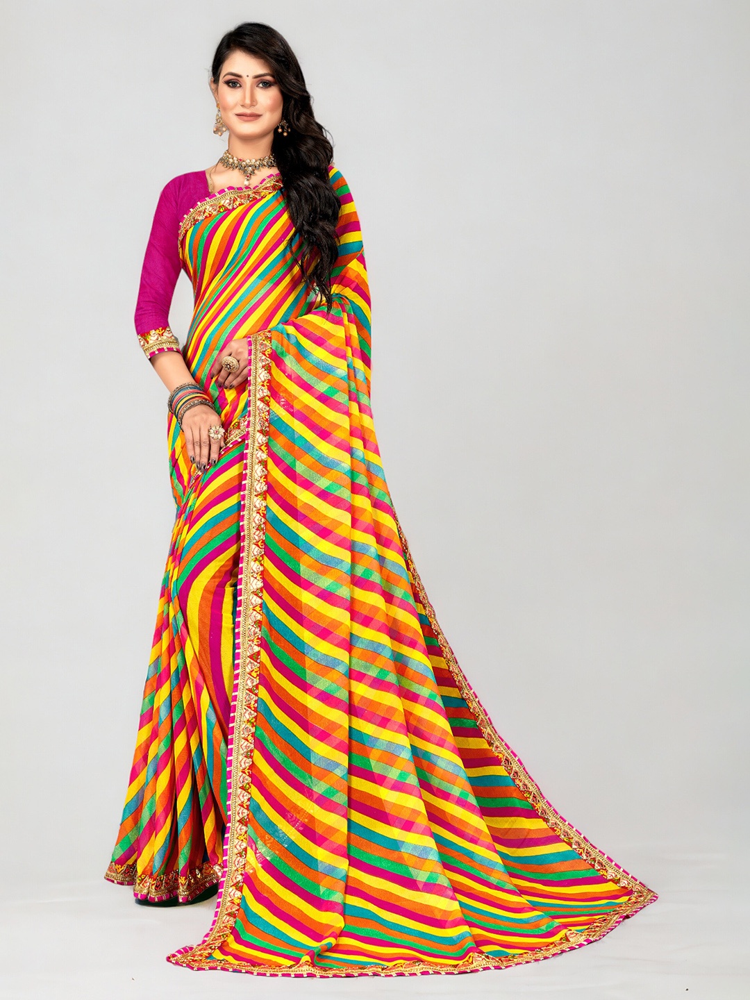 

DIVASTRI Striped Printed Embroidered Pure Georgette Leheriya Saree, Yellow