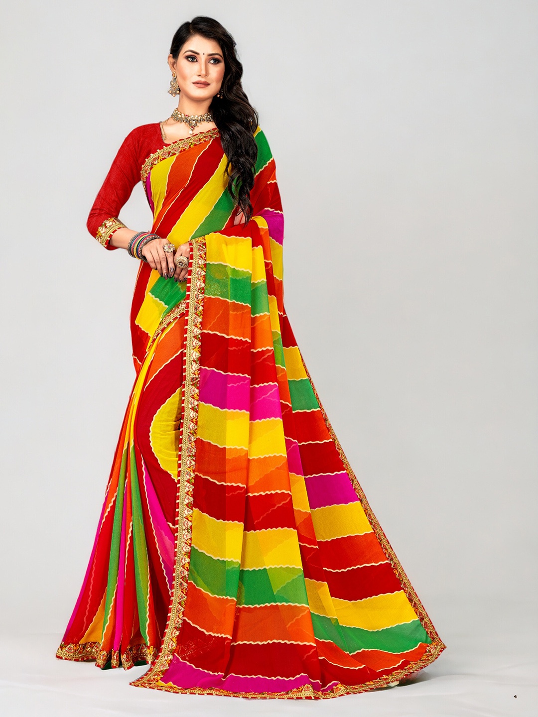 

DIVASTRI Striped Printed Embroidered Pure Georgette Leheriya Saree, Pink