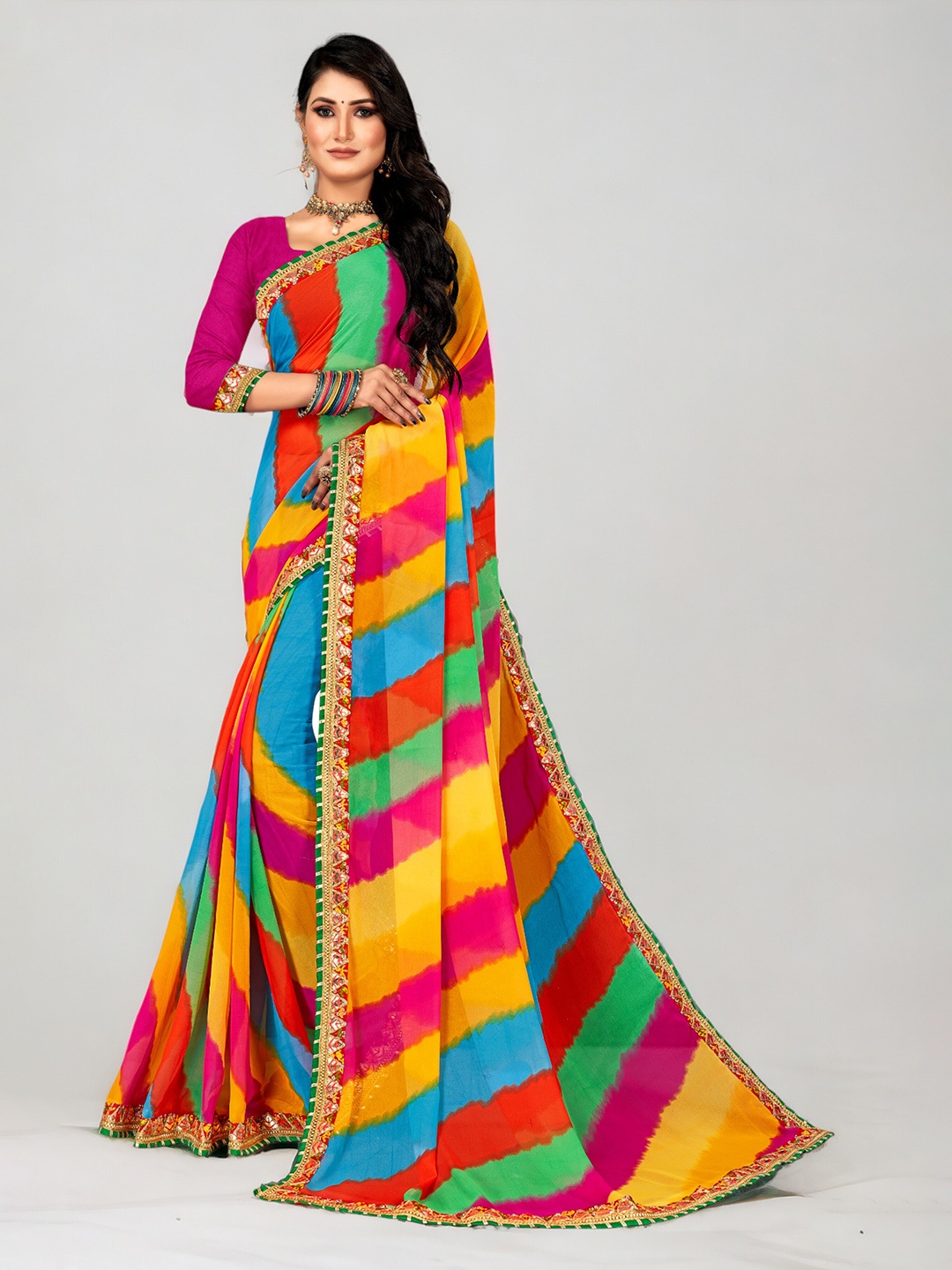 

DIVASTRI Striped Printed Embroidered Pure Georgette Leheriya Saree, Red