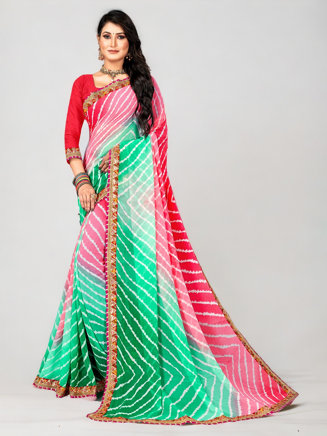 

DIVASTRI Striped Printed Embroidered Pure Georgette Leheriya Saree, Turquoise blue