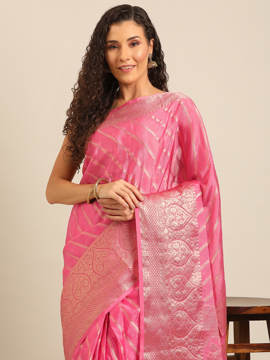 

Isadora Life Woven Design Zari Ready to Wear Leheriya Saree, Peach