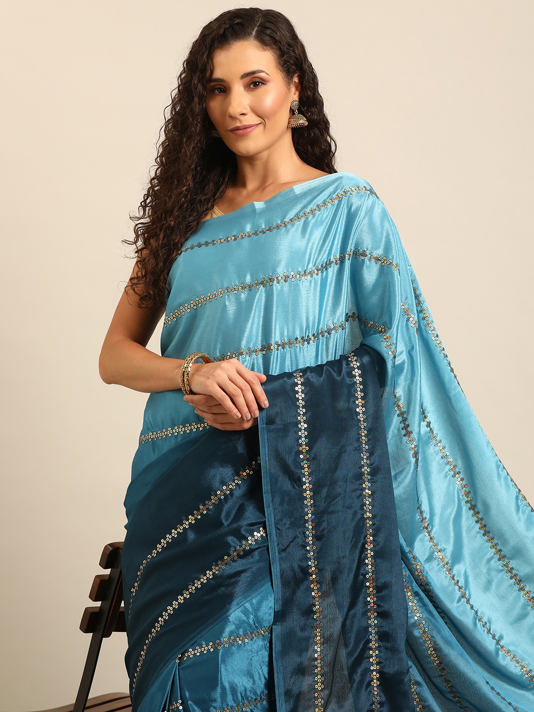 

Isadora Life Striped Sequinned Satin Ready to Wear Saree, Blue