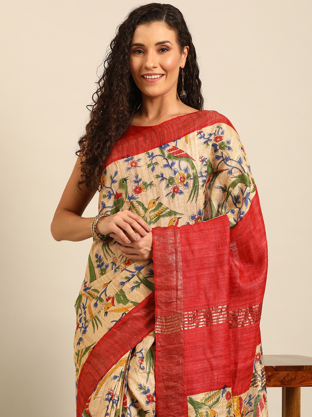 

Isadora Life Ethnic Motifs Printed Pure Silk Ready to Wear Saree, Beige