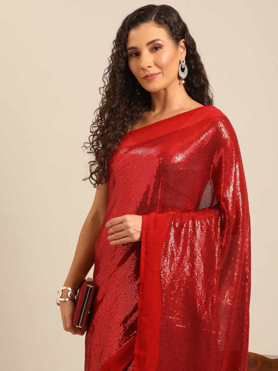 

Isadora Life Embellished Sequinned Pure Georgette Ready to Wear Saree, Red
