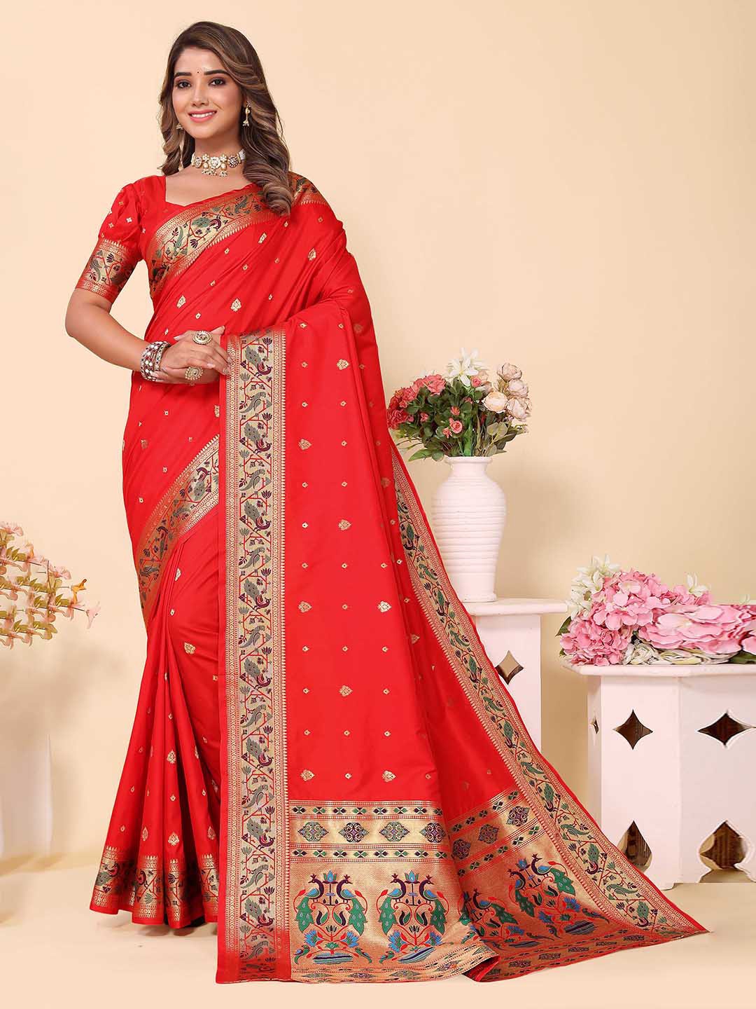 

Divyadham Textiles Ethnic Woven Design Zari Pure Silk Banarasi Paithini Saree, Red