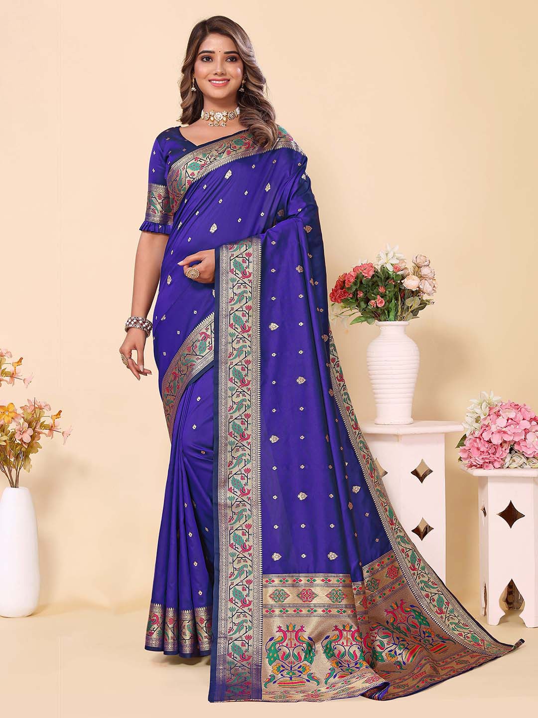 

Divyadham Textiles Ethnic Motifs Woven Design Zari Pure Silk Banarasi Saree, Blue