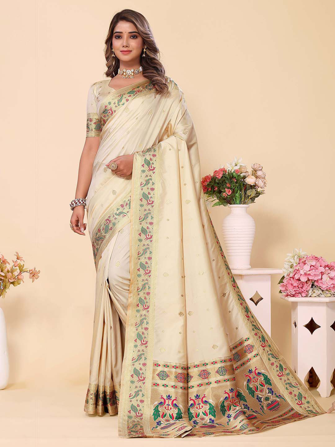 

Divyadham Textiles Woven Design Zari Pure Silk Banarasi Saree, Cream