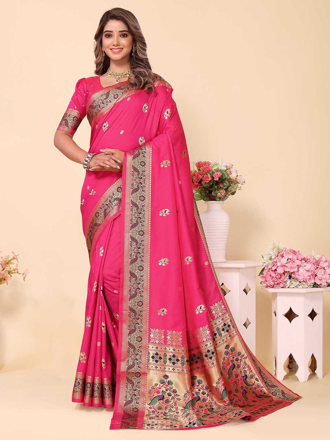 

Divyadham Textiles Ethnic Motifs Woven Design Zari Pure Silk Banarasi Saree, Pink