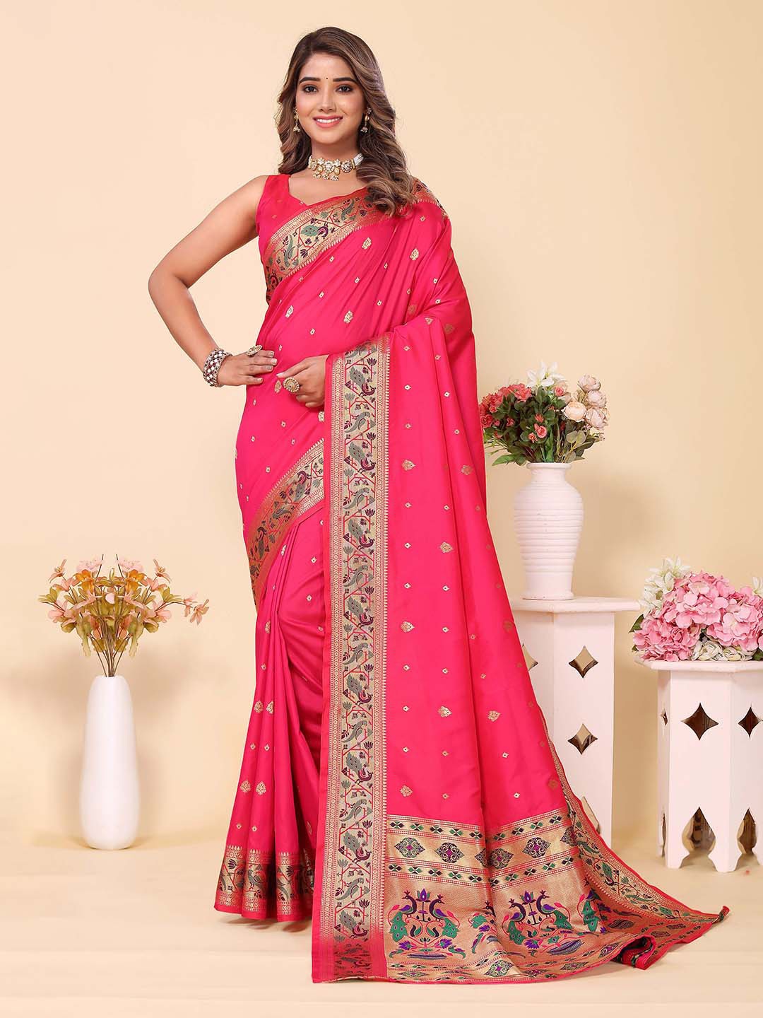 

Divyadham Textiles Ethnic Motifs Woven Design Zari Pure Silk Banarasi Saree, Pink