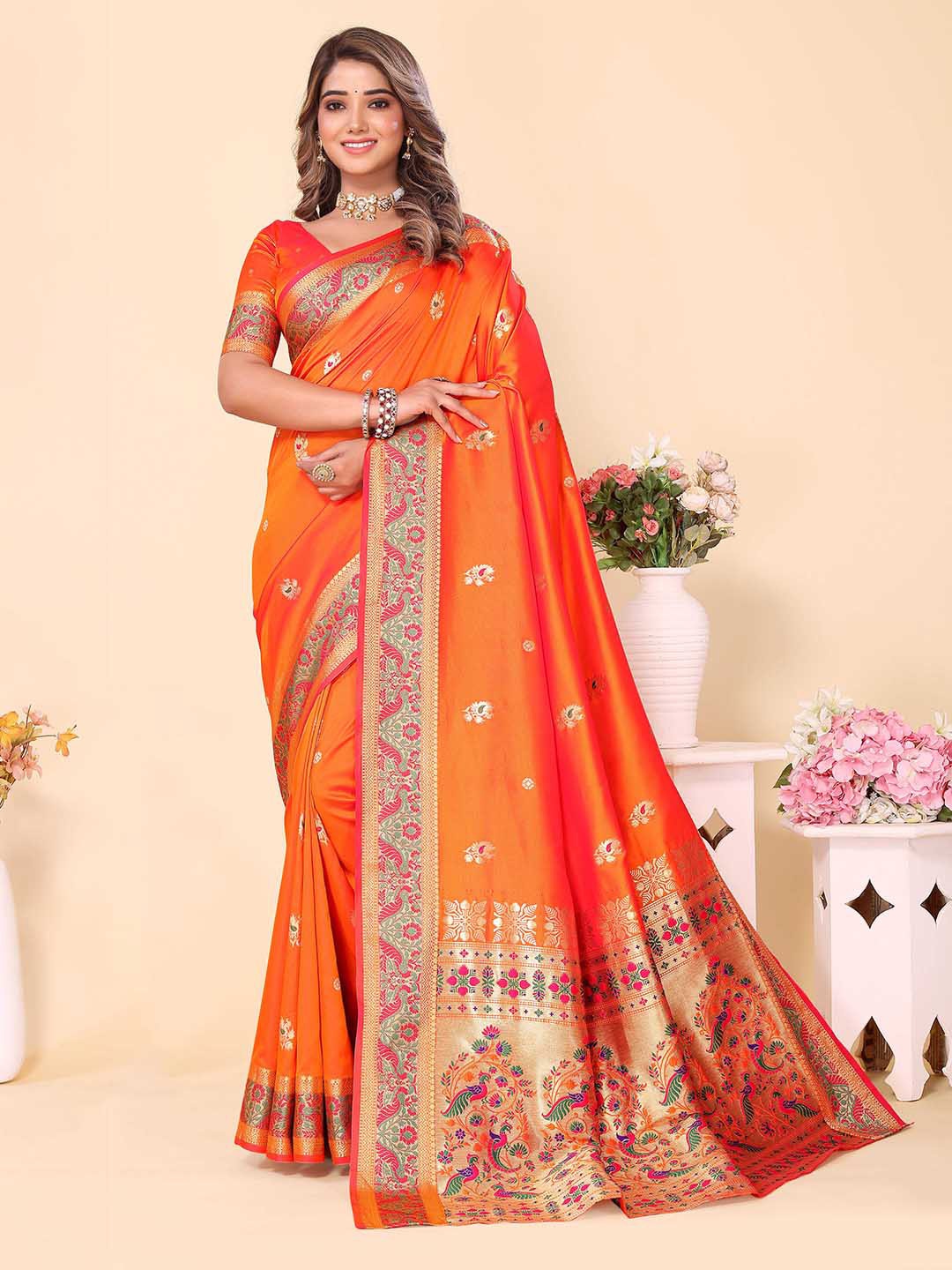 

Divyadham Textiles Ethnic Motifs Woven Design Zari Pure Silk Banarasi Saree, Orange