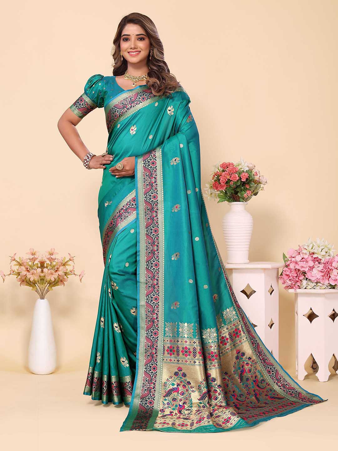 

Divyadham Textiles Ethnic Motifs Woven Design Zari Pure Silk Banarasi Saree, Turquoise blue