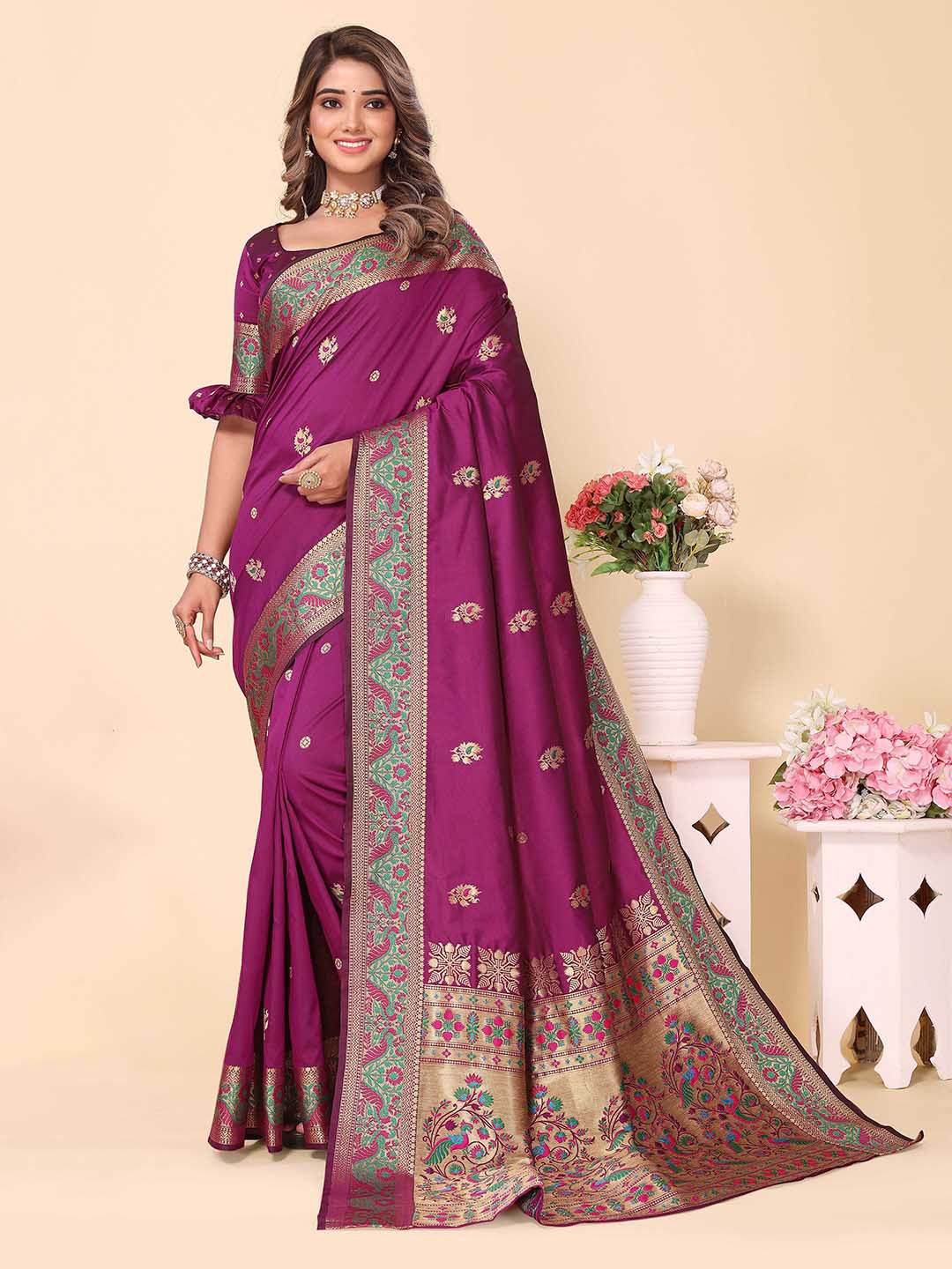 

Divyadham Textiles Ethnic Motifs Woven Design Zari Pure Silk Banarasi Saree, Purple