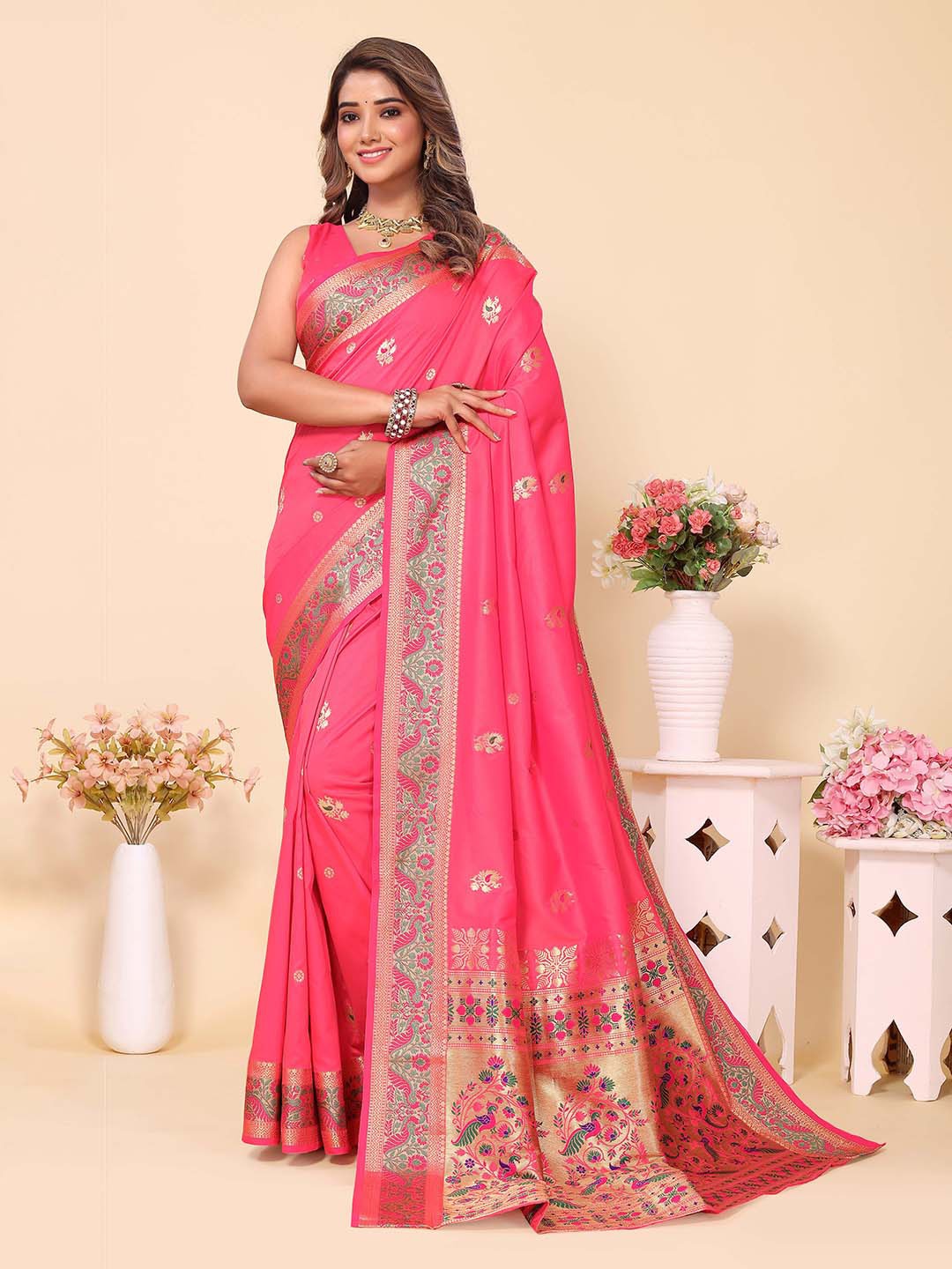 

Divyadham Textiles Ethnic Motifs Woven Design Zari Pure Silk Banarasi Saree, Coral