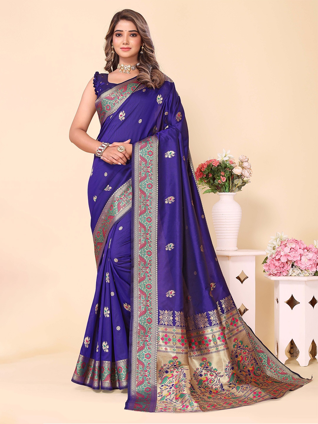 

Divyadham Textiles Ethnic Motifs Woven Design Zari Pure Silk Banarasi Saree, Blue