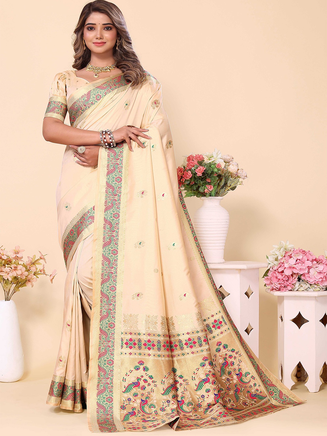 

Divyadham Textiles Woven Design Zari Pure Silk Designer Banarasi Saree, Cream