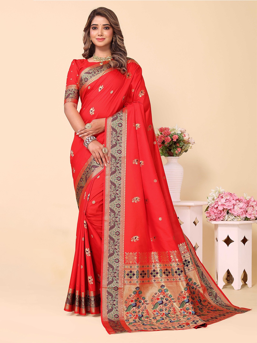 

Divyadham Textiles Woven Design Zari Pure Silk Designer Banarasi Saree, Red