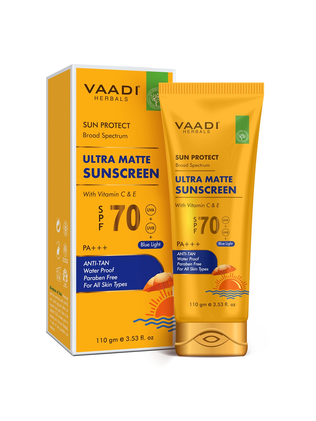 

Vaadi Herbals Ultra Matte Anti Tan Sun Protect SPF 70 Sunscreen With Vitamin C & E - 110g, Orange