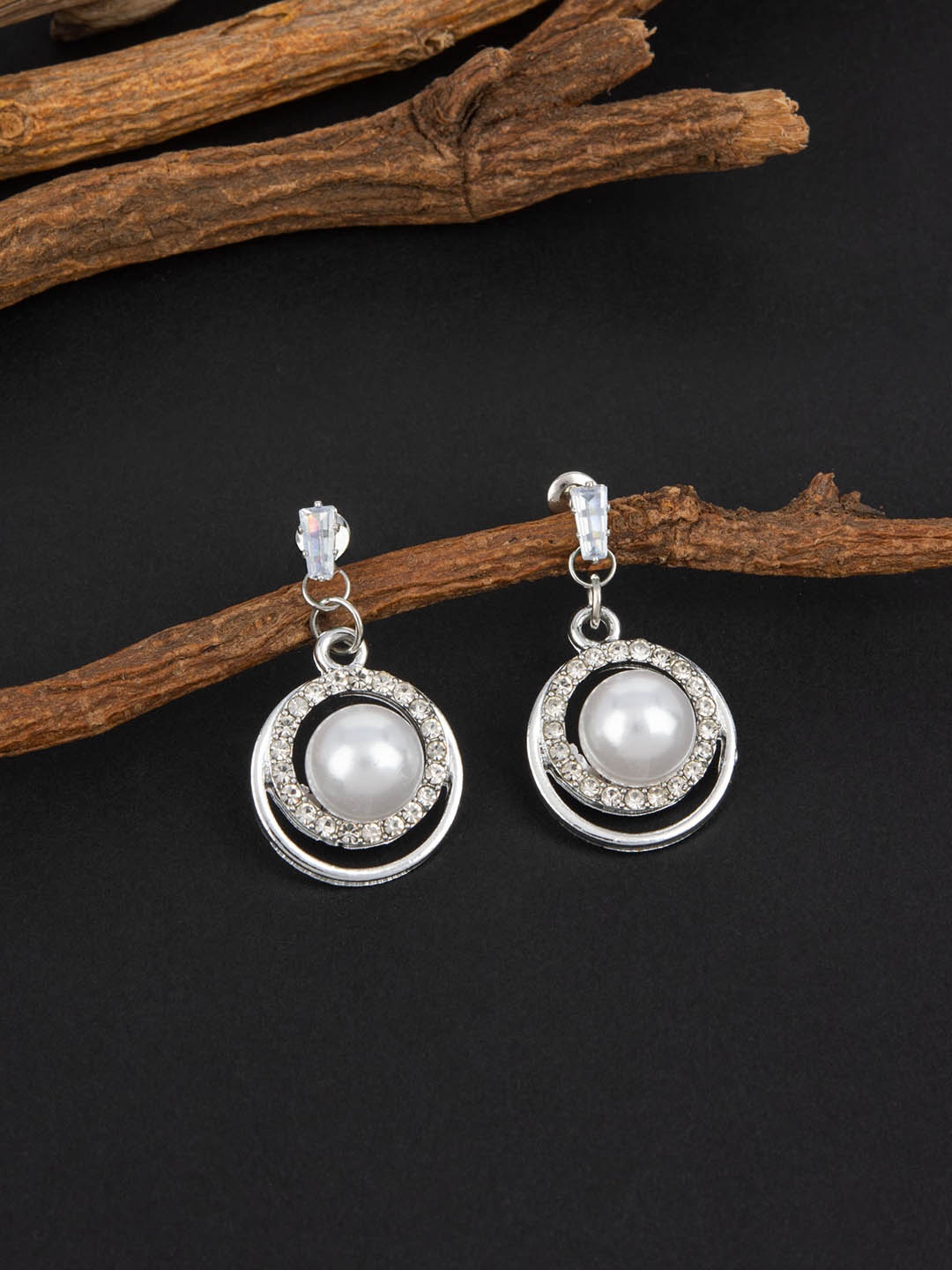 

E2O Silver-Plated Stone-Studded Beaded Contemporary Drop Earrings