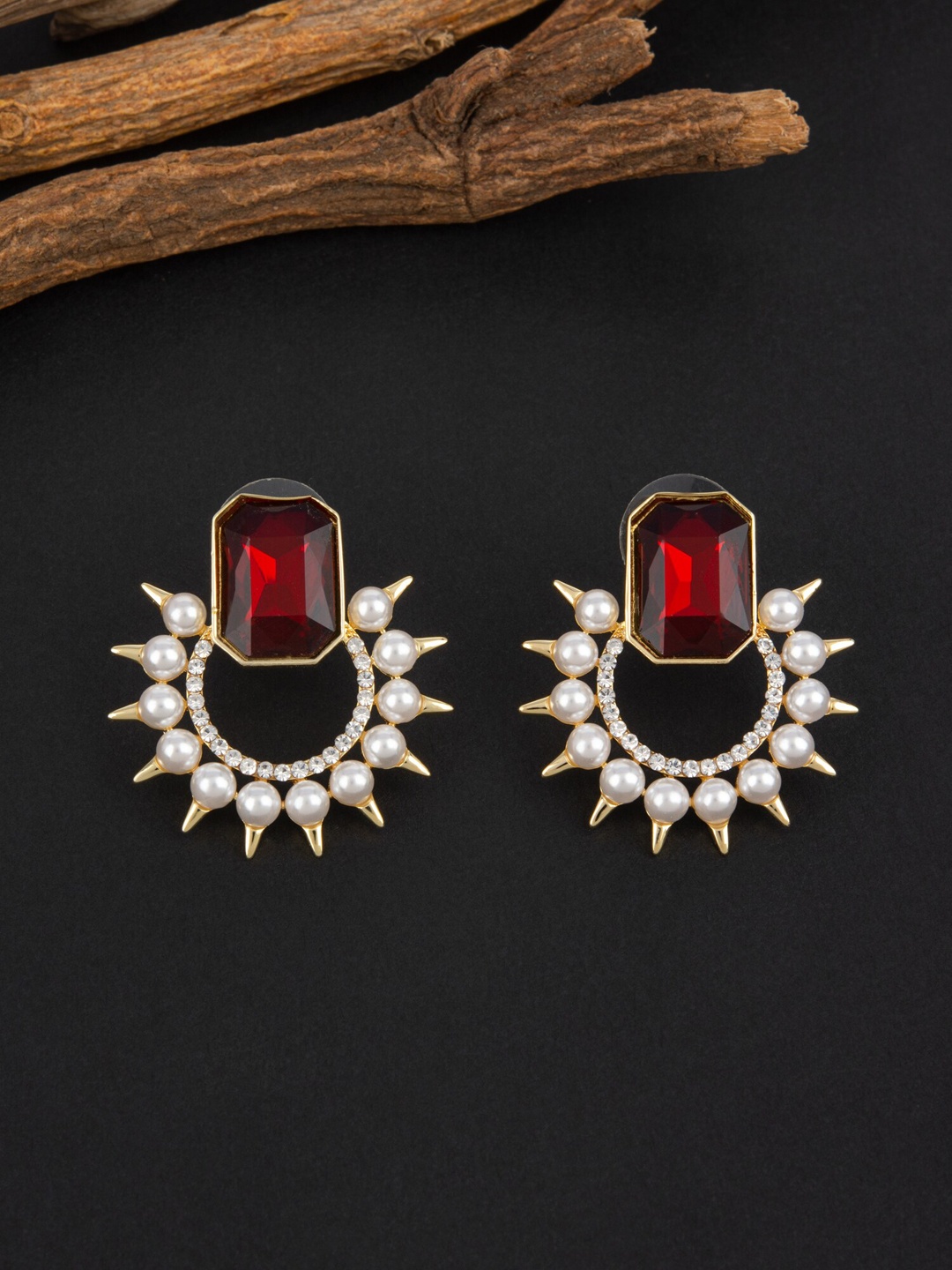 

E2O Gold-Plated Stone-Studded & Beaded Drop Earrings