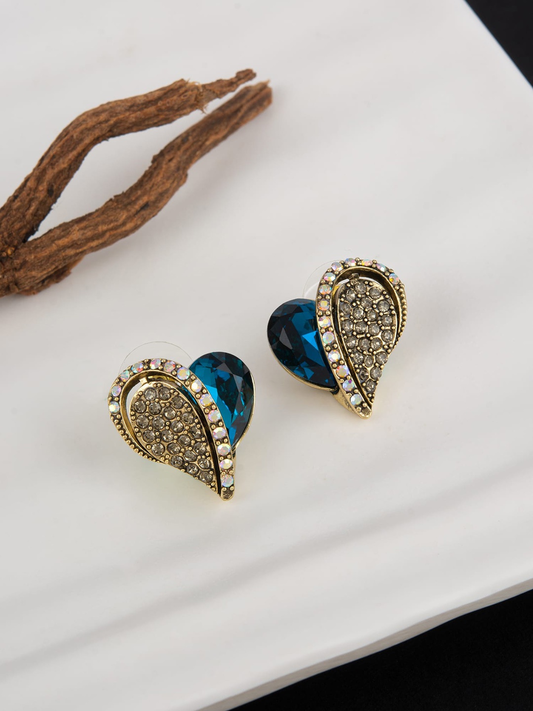 

E2O Gold-Plated Stone-Studded Heart Shaped Studs Earrings