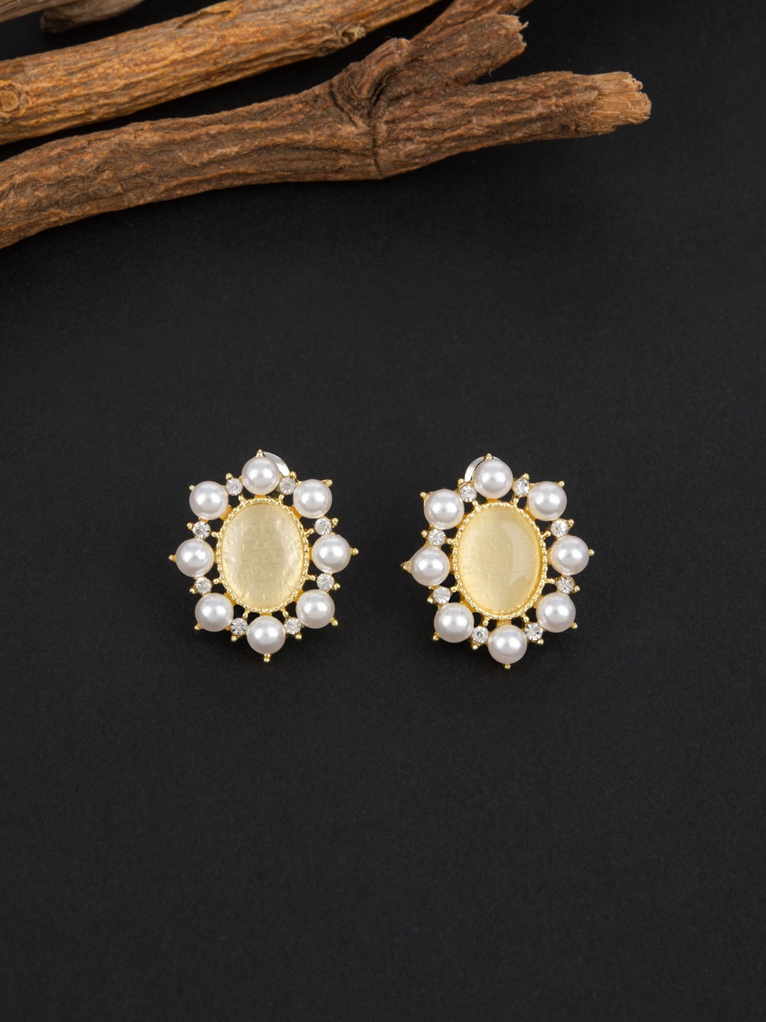 

E2O Gold-Plated Stone-Studded & Beaded Studs Earrings