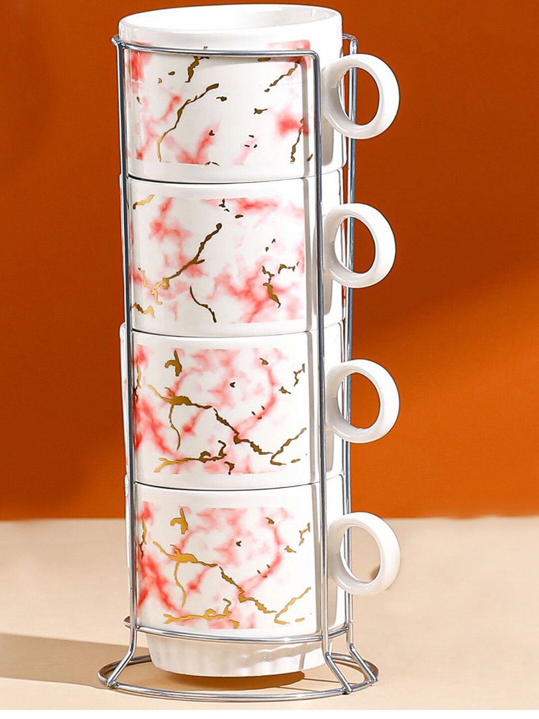 

BonZeaL Pink & White 4 Pieces Hand Painted Printed Ceramic Matte Mugs 270 ml