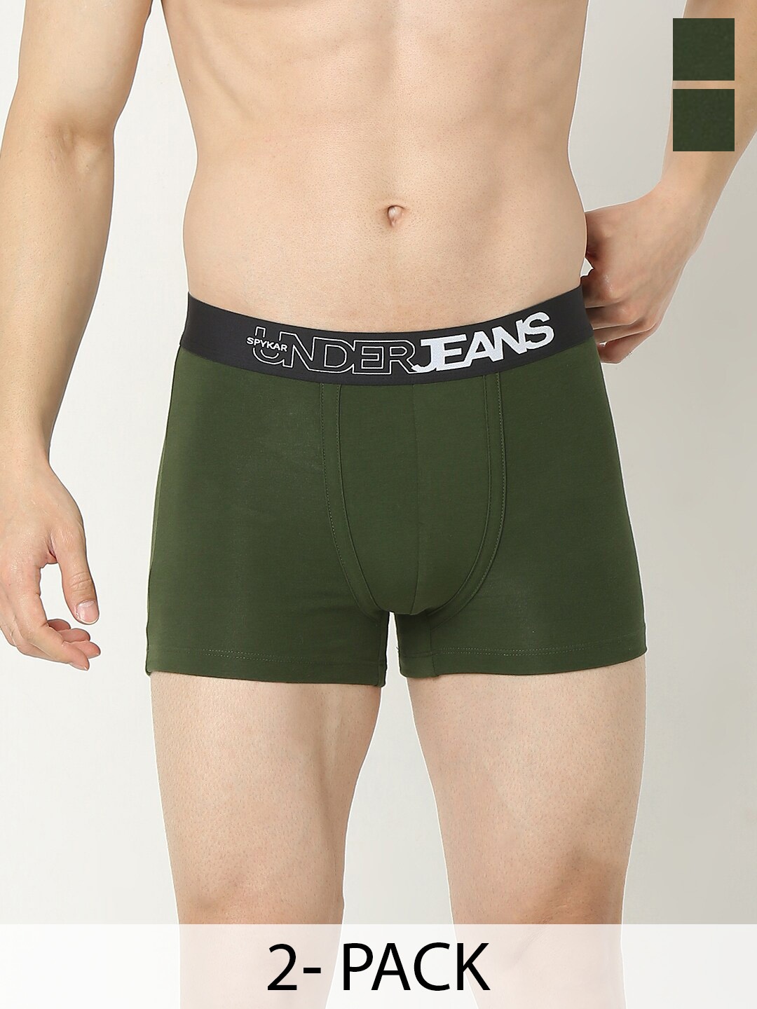 

UnderJeans by Spykar Pack Of 2 Mid-Rise Trunks UJNPTC056OLIVEOLIVE, Olive