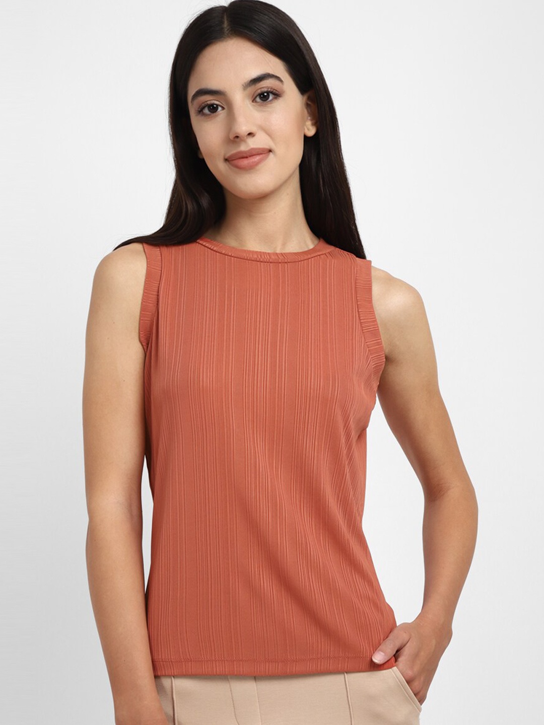 

Allen Solly Woman Vertical Stripes Round Neck Sleeveless Tank Top, Brown