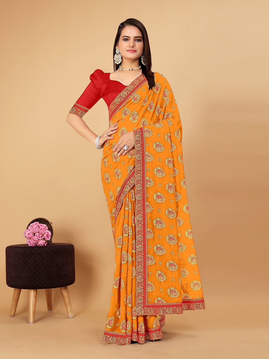 

CastilloFab Ethnic Motifs Woven Design Zari Pure Chiffon Saree, Mustard