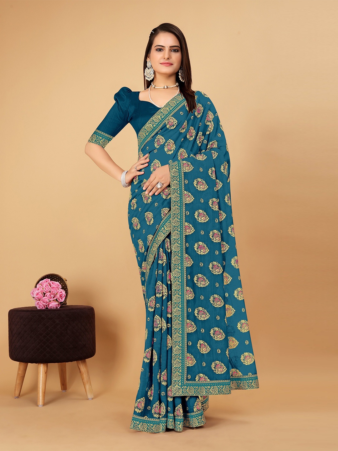 

CastilloFab Ethnic Motifs Woven Design Zari Pure Chiffon Saree, Teal